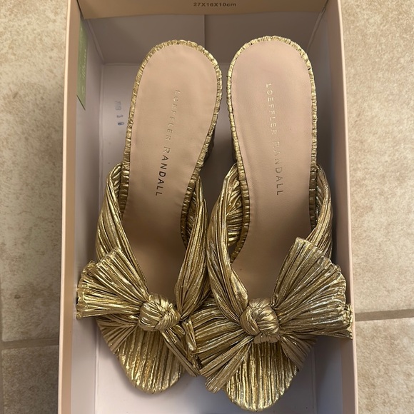 Loeffler Randall Gold Mules with Ornate Bow - Picture 3 of 4